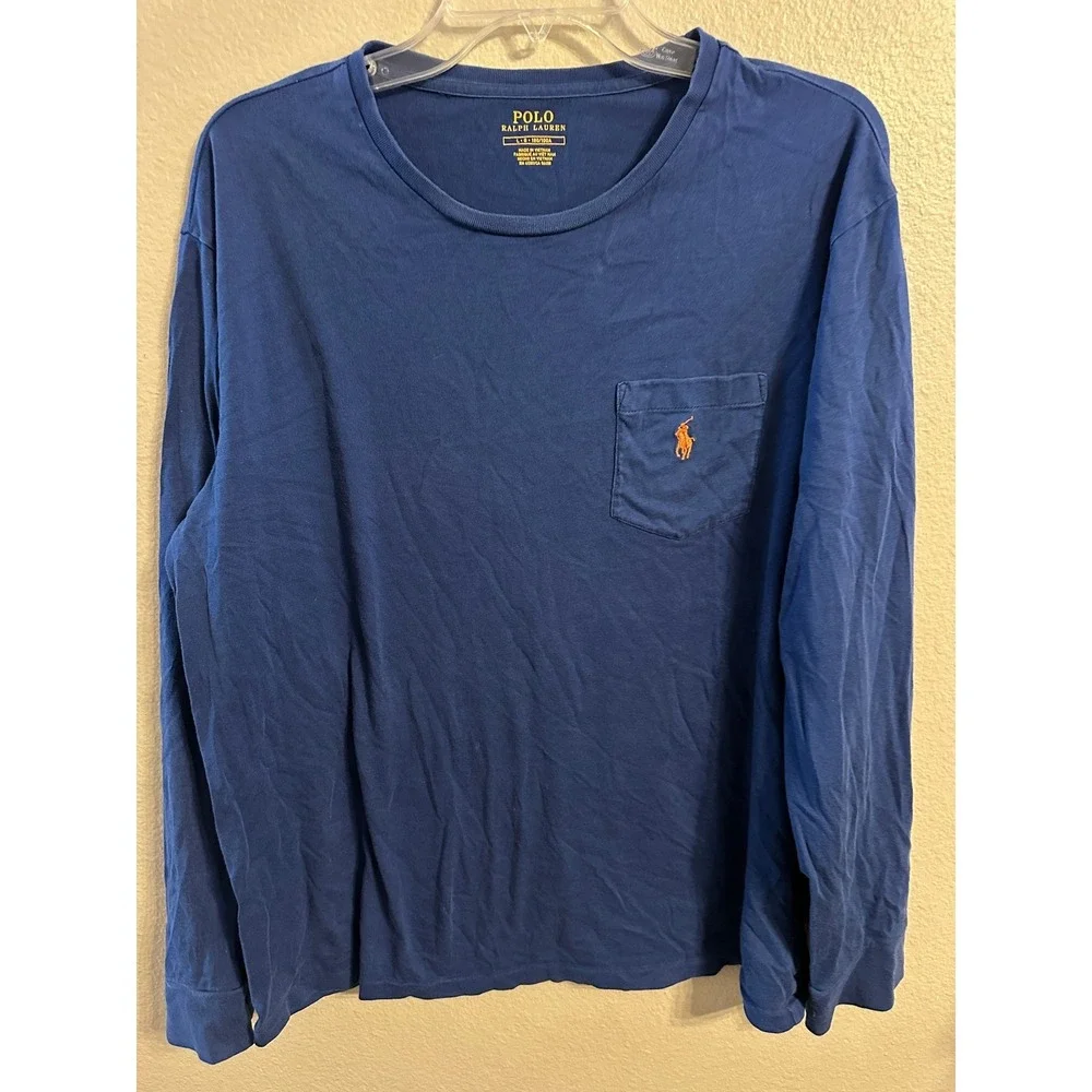 Polo Ralph Lauren Mens Long Sleeve T Shirt Pocket Crew Neck Blue